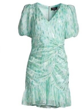 NWT Parker Nilla Light Blue Metallic Shimmer Ruched V Neck Mini Dress 8
